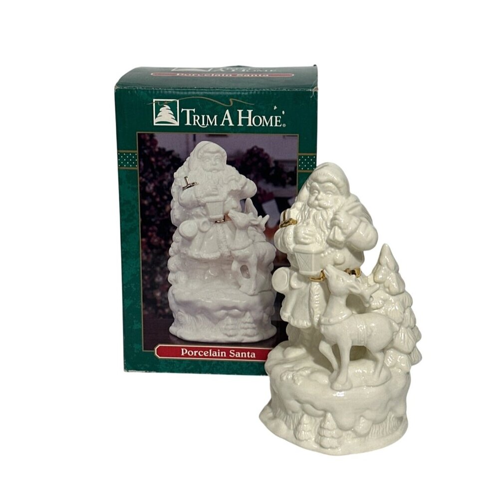 Vintage Trim A Home Porcelain Santa Figure With Deer & Tree Accents Christmas